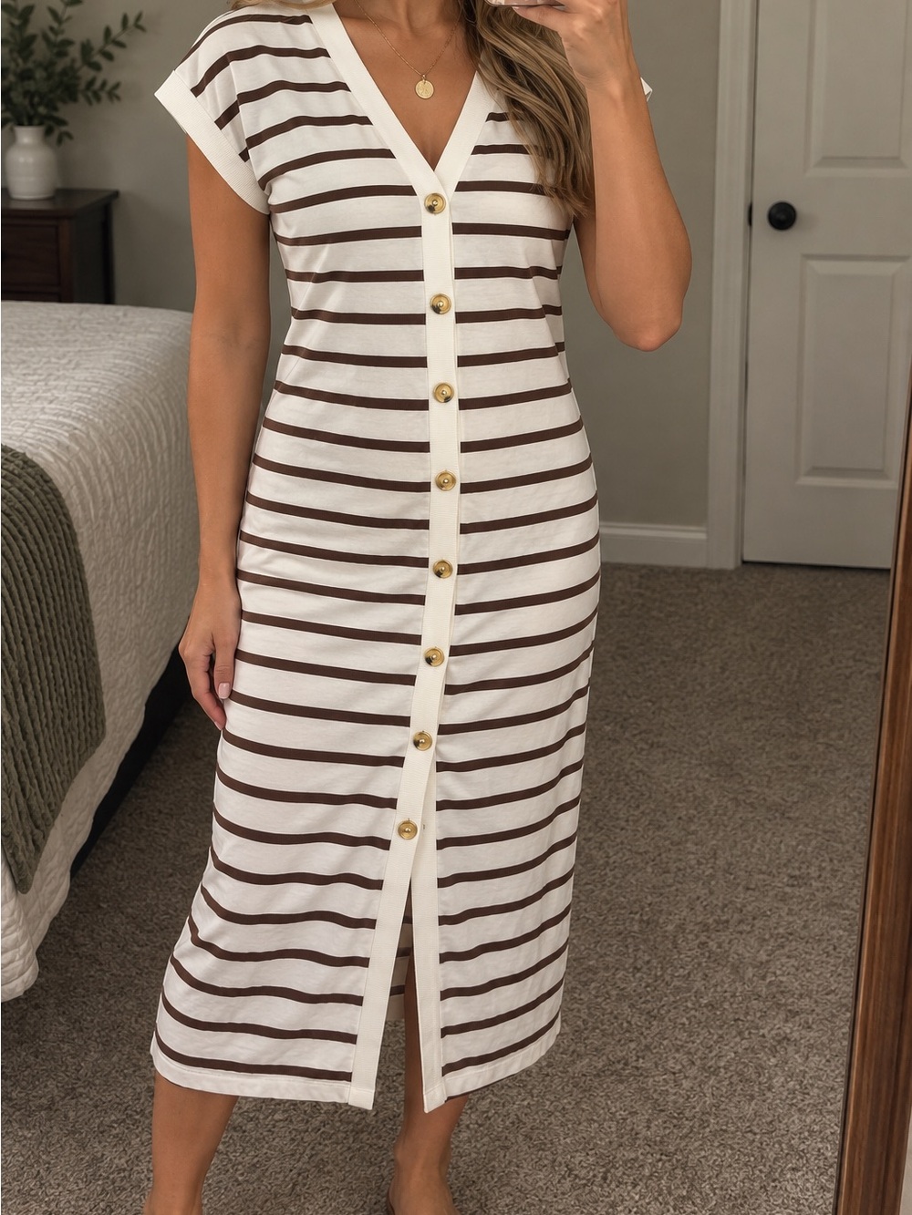 Striped Button-Front Midi Dress in Cream and Brown